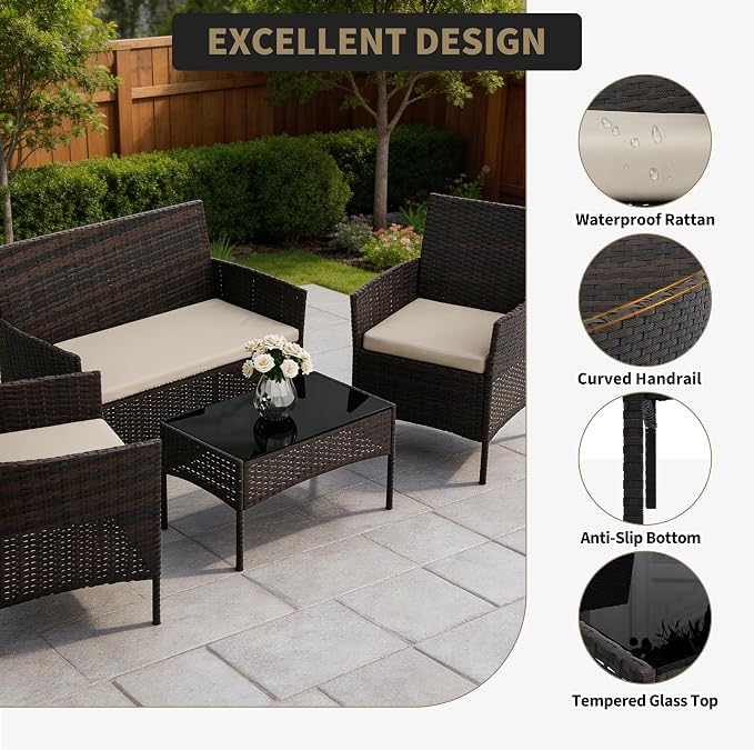 4-Piece Patio Furniture Set, Outdoor Wicker Conversation Set - Image 3