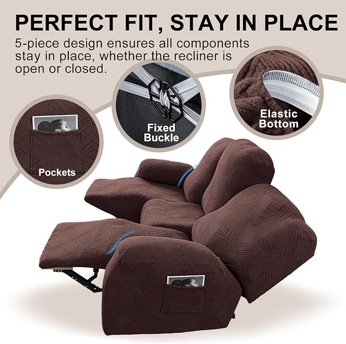 5-Piece Recliner Sofa Covers, Stretch Geometric Strokes Jacquard Recliner Sofa - Image 4