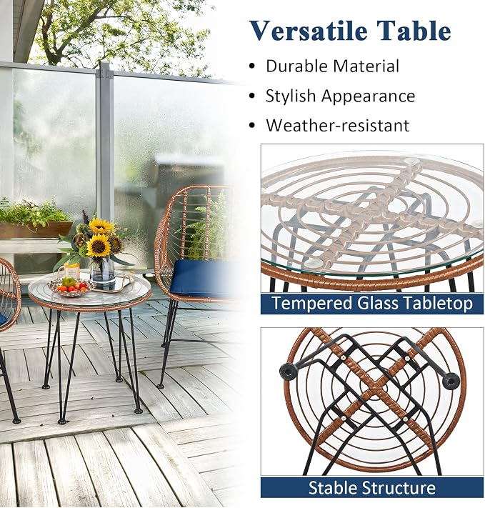 Tangkula 3 Pieces Patio Conversation Bistro Set, Outdoor Wicker Furniture - Image 6