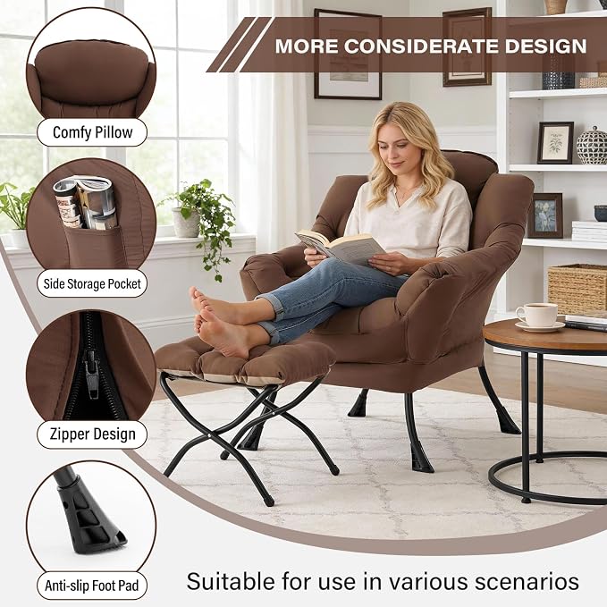 MBOOYOME Lazy Chair with Folding Ottoman, Modern Accent Armchair with Armrests - Image 4