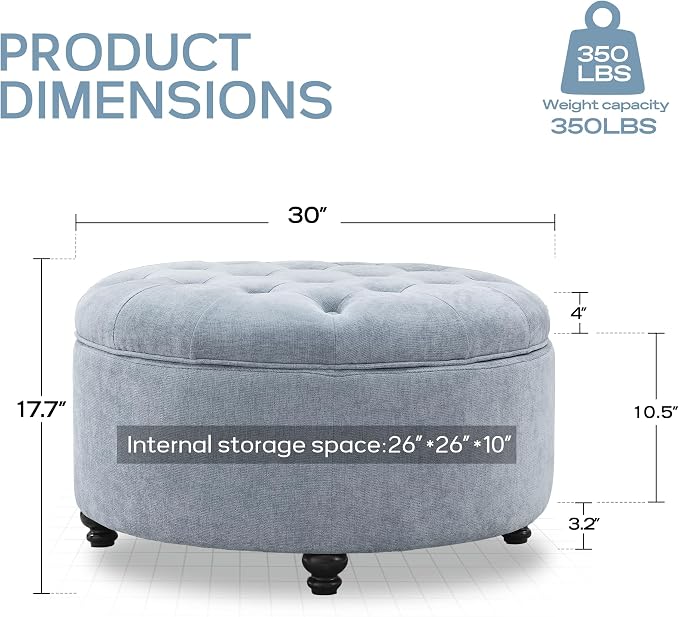 HUIMO 30-Inch Round Storage Ottoman, Modern Button Tufted Ottoman Coffee Table - Image 2
