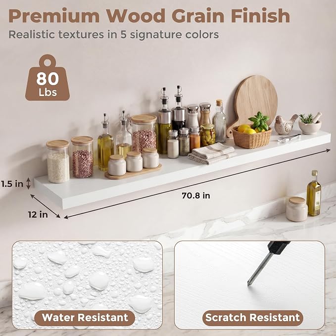 12 inch Deep Floating Shelves for Wall, 72 inch Wide Engineered Wood Wall - Image 2