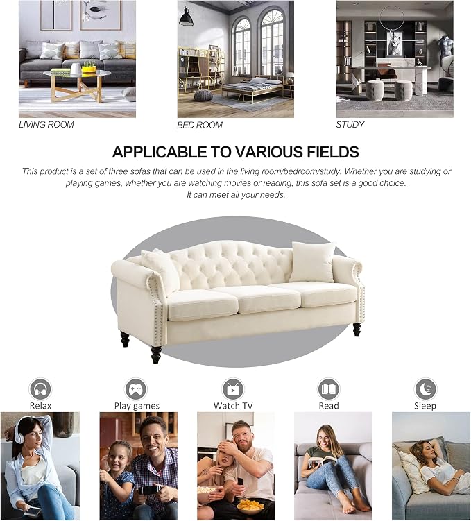 79" 2 Piece 3-Seater Velvet Chesterfield Sofa - Image 5