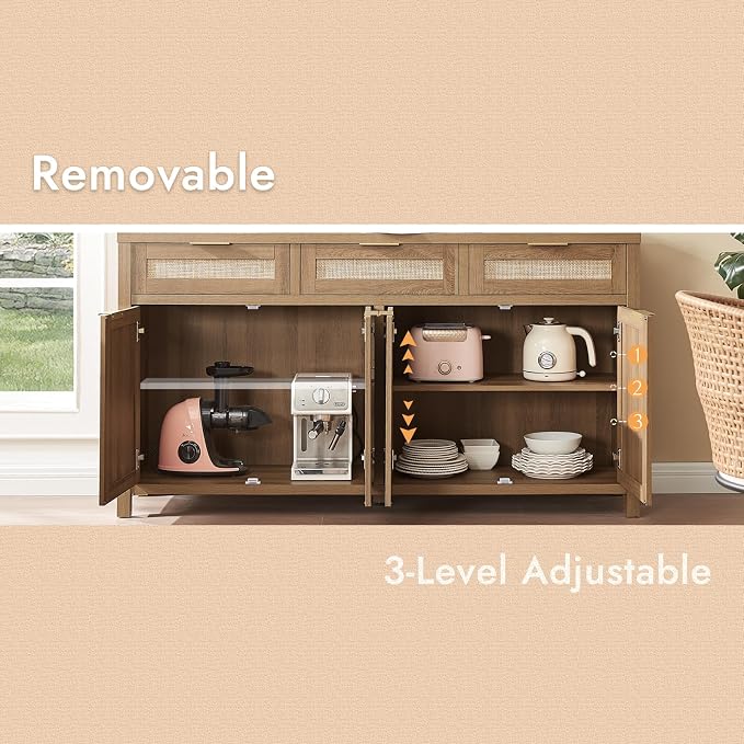 HOKYHOKY 2 Piece Rattan Sideboard Buffet Cabinet, Boho Storage Cabinet - Image 7