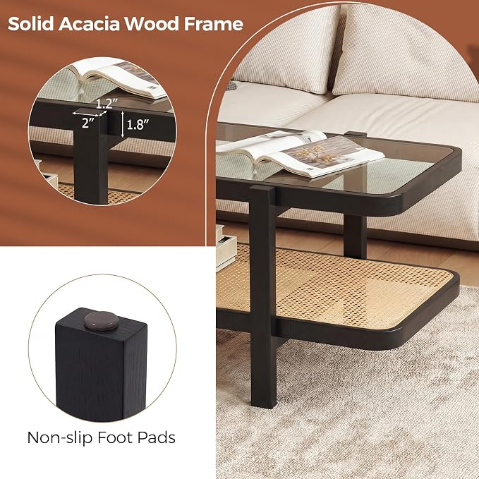 Giantex Rattan Coffee Table, 47.5" Rectangle Solid Wood Tea Table w/Tempered - Image 7