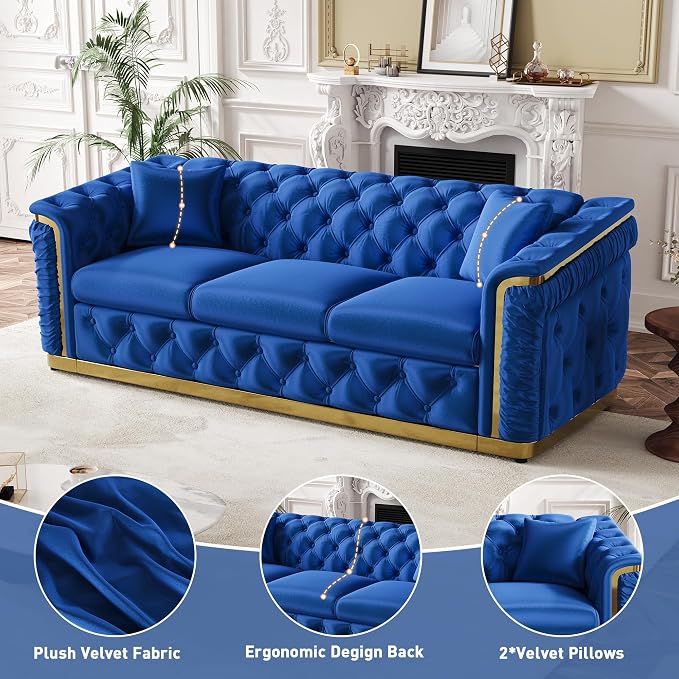 Luxury Chesterfield Sofa Set of 2, Velvet Tufted Couch Victorian Black and Gold - Image 6