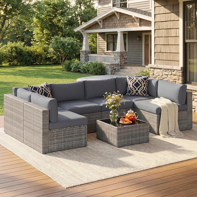 May in Color 7 Pieces Wicker Outdoor Patio Furniture Set, Patio Sectional Sofa by MayinColor