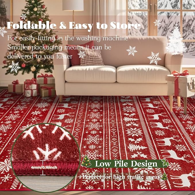 Christmas Rug 6x9 Washable Rugs, Boho Christmas Tree Snowflake Rug Non-Slip - Image 7