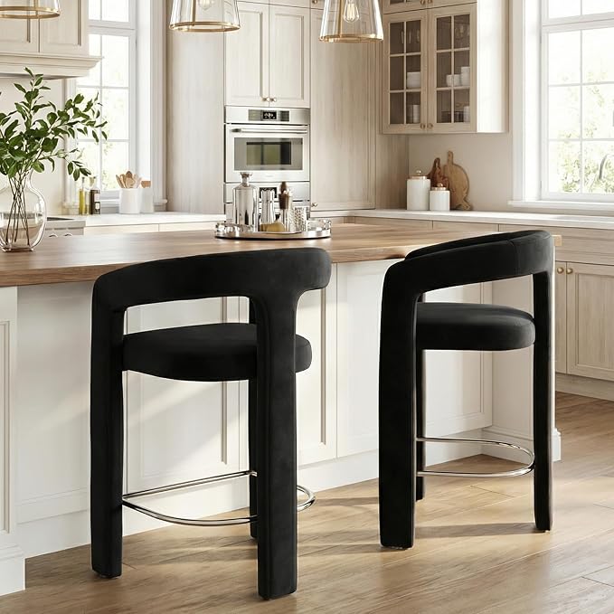HNY 26 Inch Modern Tall Barrel Bar Stools Set of 2, Velvet Upholstered Barstools by HNY