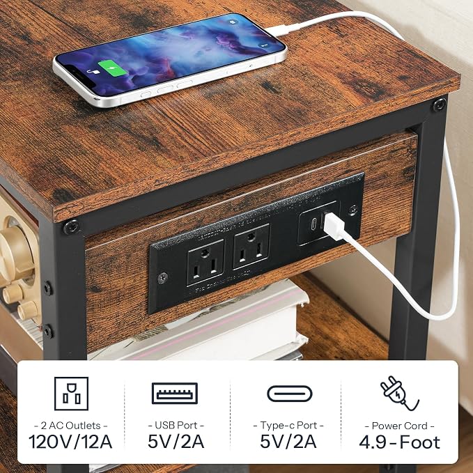 HOOBRO End Table with Charging Station, Simple Rustic Side Table with 3-Tier - Image 9