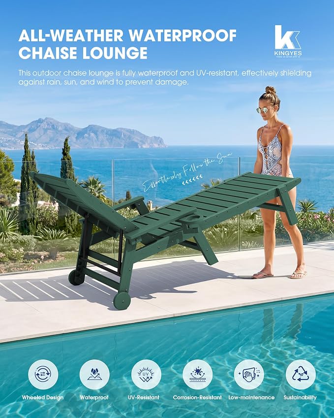 KINGYES HDPE Lounge Chair Outdoor, Patio Chaise Lounge Recliner - Image 7