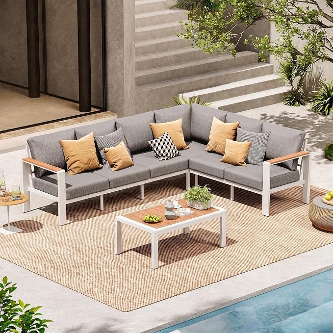 Aluminum Outdoor Patio Furniture Set 6 Seats, Outdoor Sectional Corner Sofa Set by ComfCove