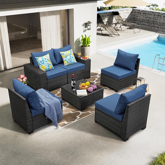 JOYURE 6 Pieces Patio Furniture Set All-Weather Outdoor Wicker Sectional - Image 8