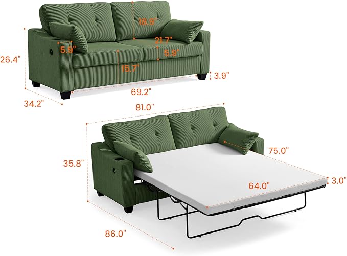Queen Size Pull Out Sleeper Sofa Bed, 2-in-1 Convertible Corduroy Pull Out - Image 2