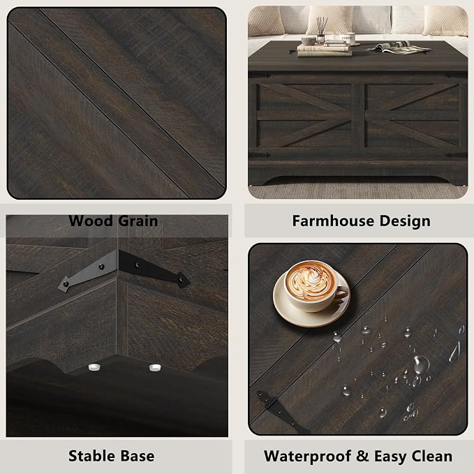 Furnideco 35.5''W Square Coffee Table Farmhouse Lift top Coffee Table - Image 6