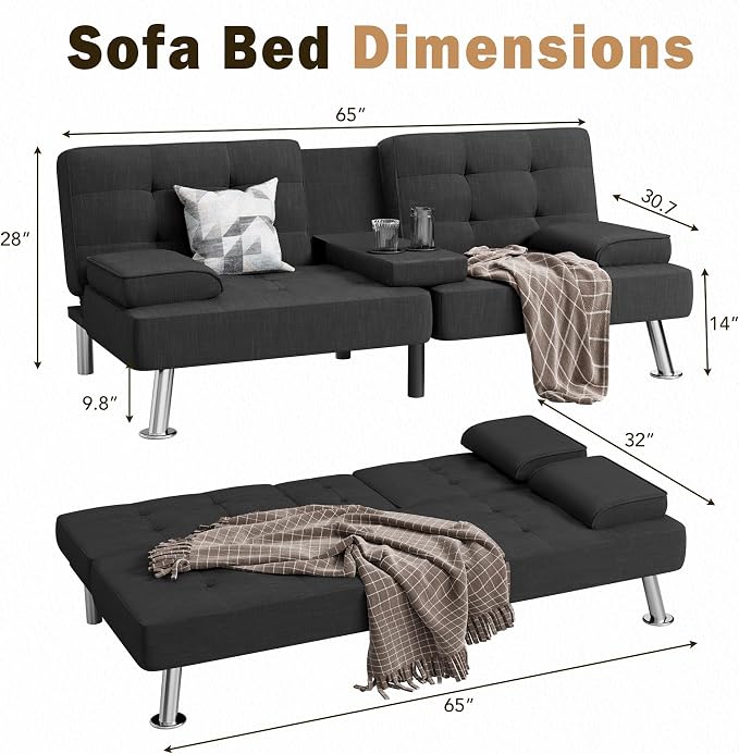 Shahoo Modern Linen Upholstered Convertible Folding Futon Sofa Bed - Image 2