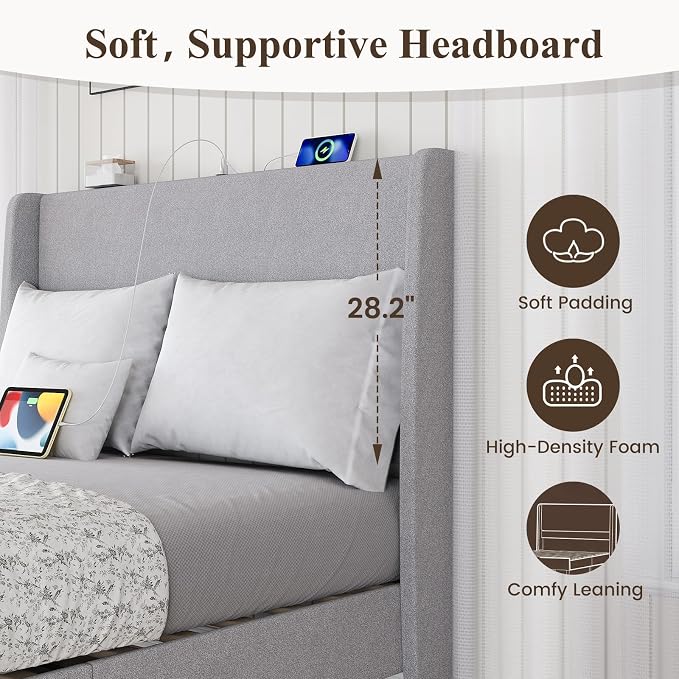 MALOL Full Size Bed Frame with Upholstered Headboard, Linen Fabric Platform Bed - Image 4