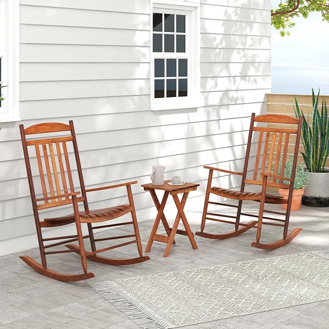 Tangkula 3-Piece Outdoor Poplar Wood Rocking Bistro Set, High Back Front Porch - Image 3