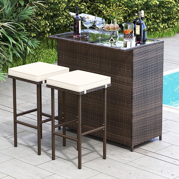 Tangkula Patio Bar Set, 3 Piece Outdoor Rattan Wicker Bar Set - Image 2