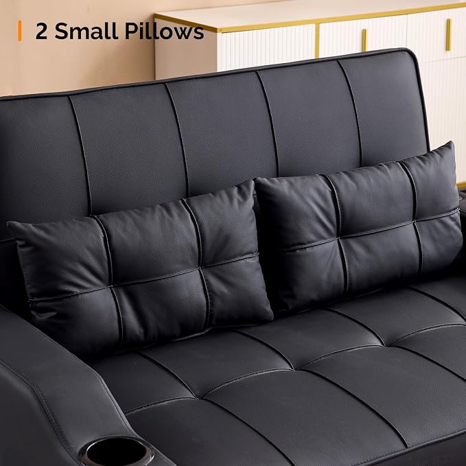 VINGLI Black Futon Sofa Bed Convertible Loveseat Sleeper Couch, Faux Leather - Image 8
