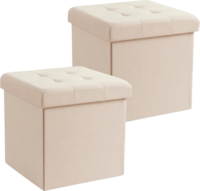 Ornavo Home 2 Pack 15 Inch Folding Storage Ottoman, Square Cube Linen Small by OrnavoHome