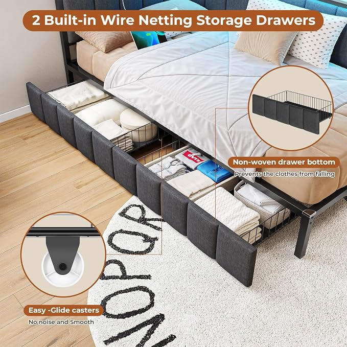 DICTAC Corner Bed Frame with 2 Storage Drawers and Charging Station Twin XL - Image 4