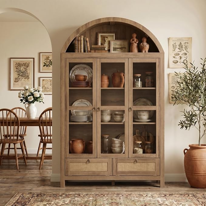 TYBOATLE 75'' Arched Cabinet Classic Farmhouse Design w/Three Glass Doors - Image 8