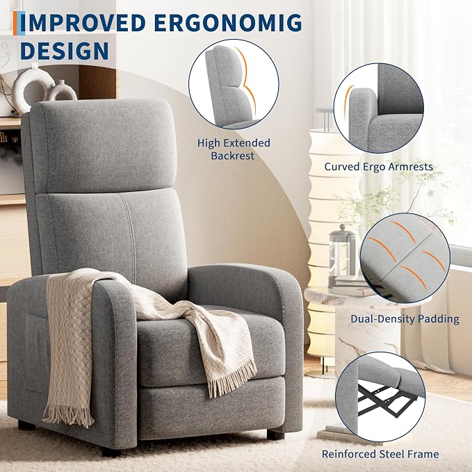 GarveeHome Linen Fabric Manual Recliner Chair, - Image 5