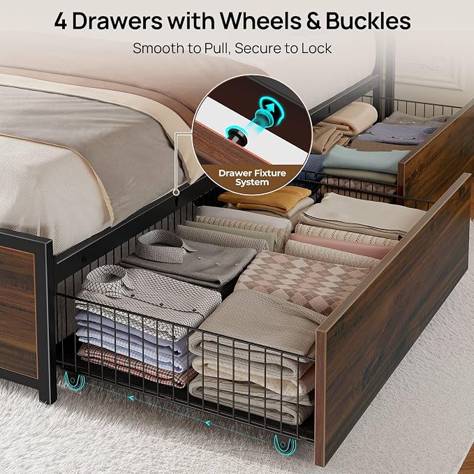Rolanstar Twin Bed Frame with 4 Storage Drawers, Charging Station and LED Lights - Image 4