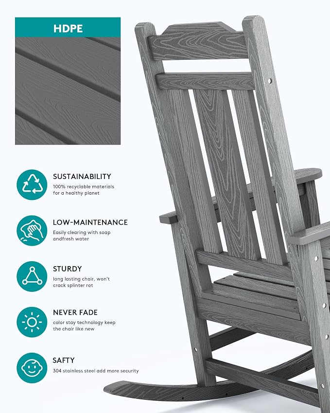SERWALL Oversized Outdoor Rocking Chair Set of 4, All Weather Patio Rocking - Image 6