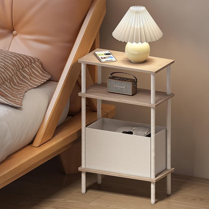 Narrow Side Table with Fabric Basket, Slim Nightstand with 3-Tier Storage Shelf - Image 6