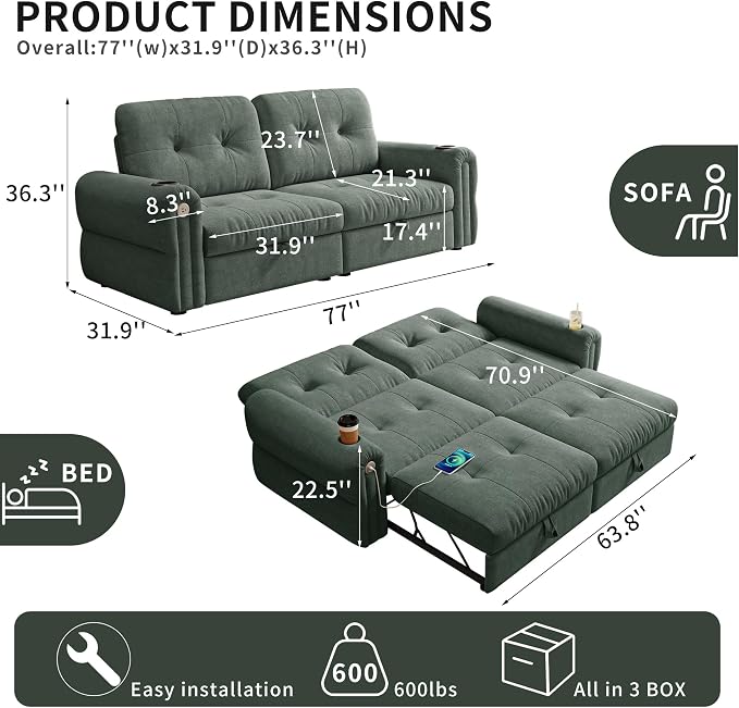 Convertible Couches, Queen Size Pull Out Sofa Bed - Image 2