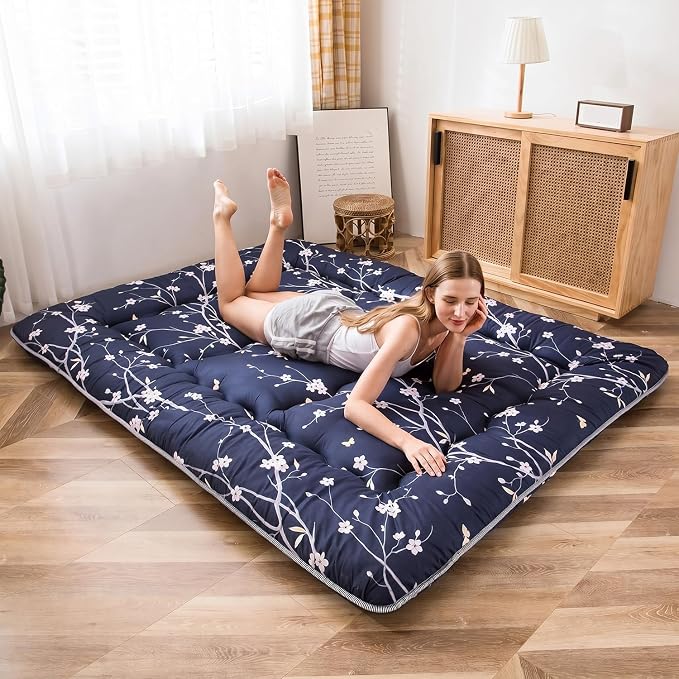 MAXYOYO Navy Floral Printed Japanese Floor Mattress Rustic Style Futon Mattress - Image 5