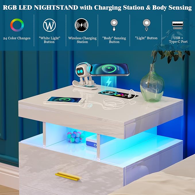 WOOVIVS Night Stand Set 2 with USB/Type-C/Wireless Charging Station, Modern - Image 4