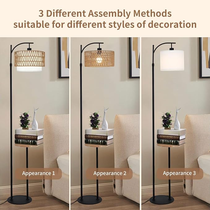 ZECOXOL Arc Floor Lamp with Table and Shelves, Rattan Boho Floor Lamp with - Image 3