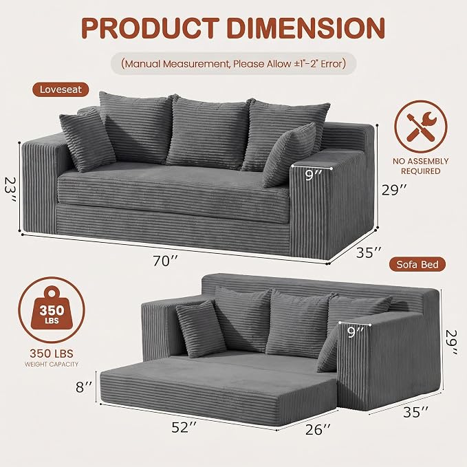 Convertible Sofa Bed, 5 in 1 Small Boneless Couch Pull Out Loveseat Sleeper Sofa - Image 2