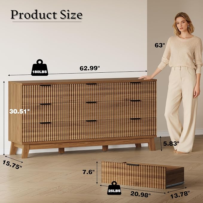 BORNOON 63" Long Dresser for Bedroom, 9-Drawer Fluted Dresser, Extra-Wide Wood - Image 2