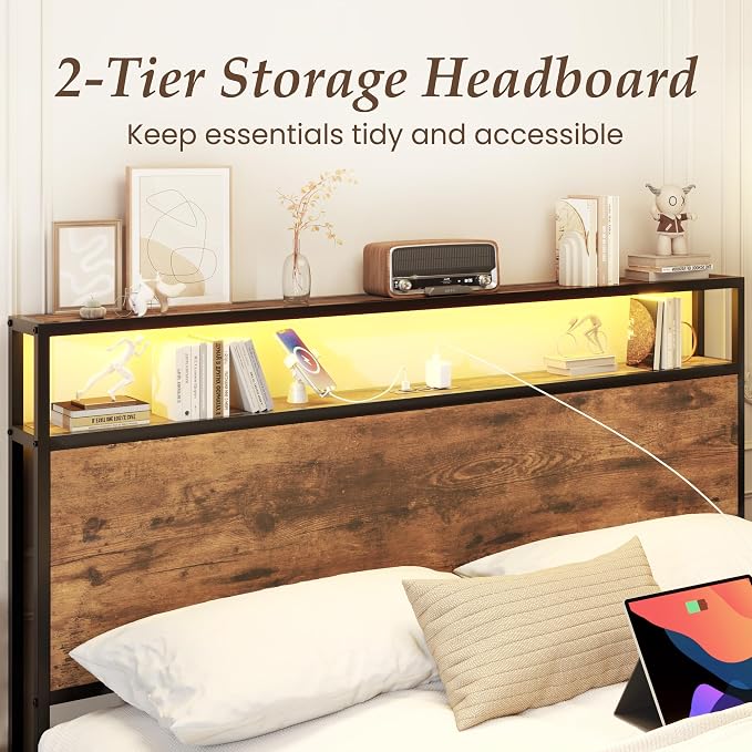 Lifezone Queen Bed Frame with 2-Tier Storage Headboard, Metal Bed Frame with - Image 7