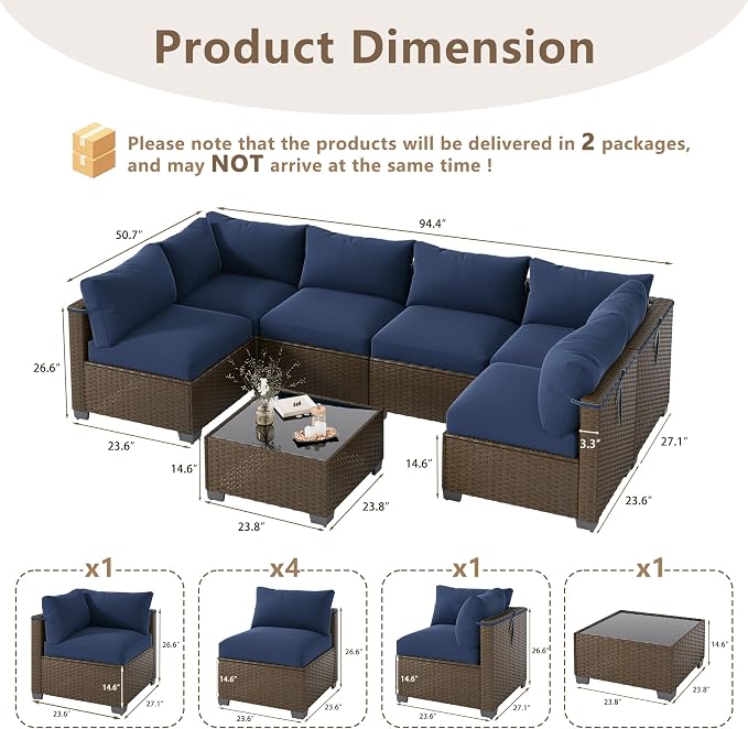 LOUVIXA 7 Piece Outdoor Patio Furniture Set, Outdoor Sectional Sofa, Wicker - Image 2