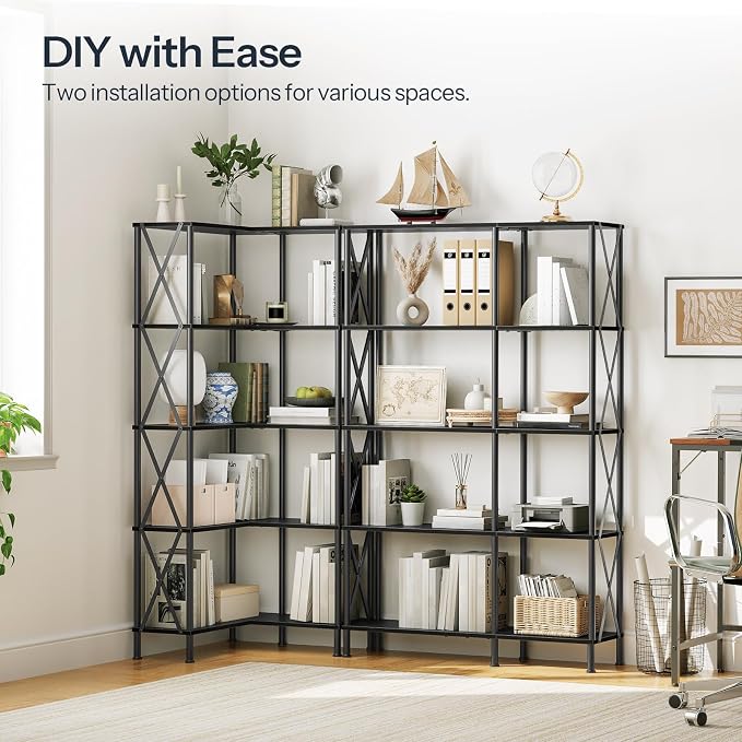 HOOBRO Corner Bookshelf, 5-Tier L-Shaped Bookcase, Industrial Open Display - Image 5