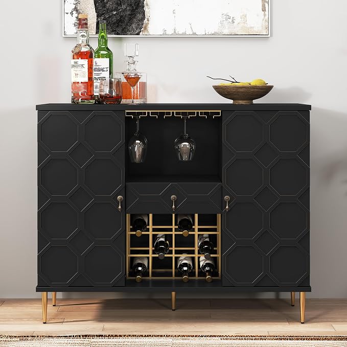 Modern Bar Cabinet with Drawer, Liquor Cabinet with Wine Glass Racks and Shelves by MROJISC