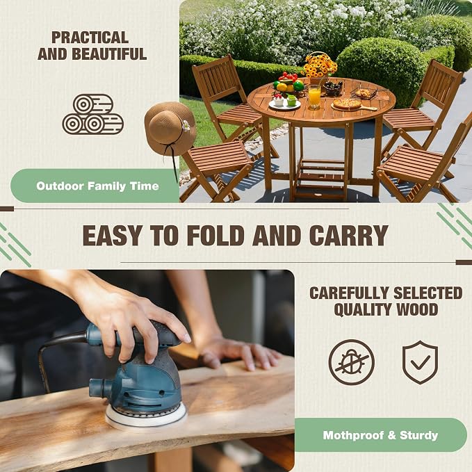 Devoko 5 PCS Patio Furniture, Patio Dining Set Acacia Wood Outdoor Table and - Image 4