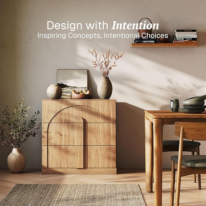 BELLEZE Sideboard Cabinet with 3 Drawers, Modern Wood Buffet Cabinet with Arc - Image 3