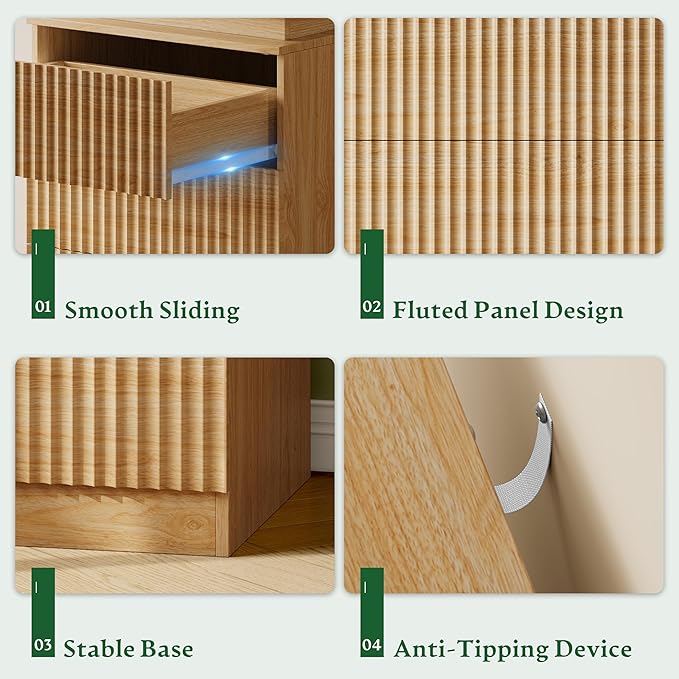 Xixini Nightstand with Charging Station and LED Lights, Fluted Night Stand with - Image 6