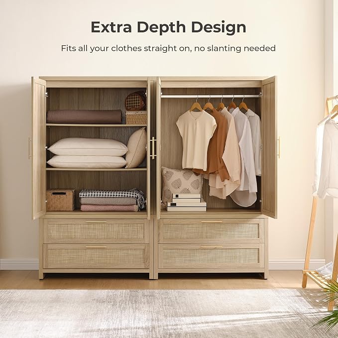 SICOTAS Rattan Armoire Wardrobe Closet Cabinet, and Hanging Rod, Boho - Image 4