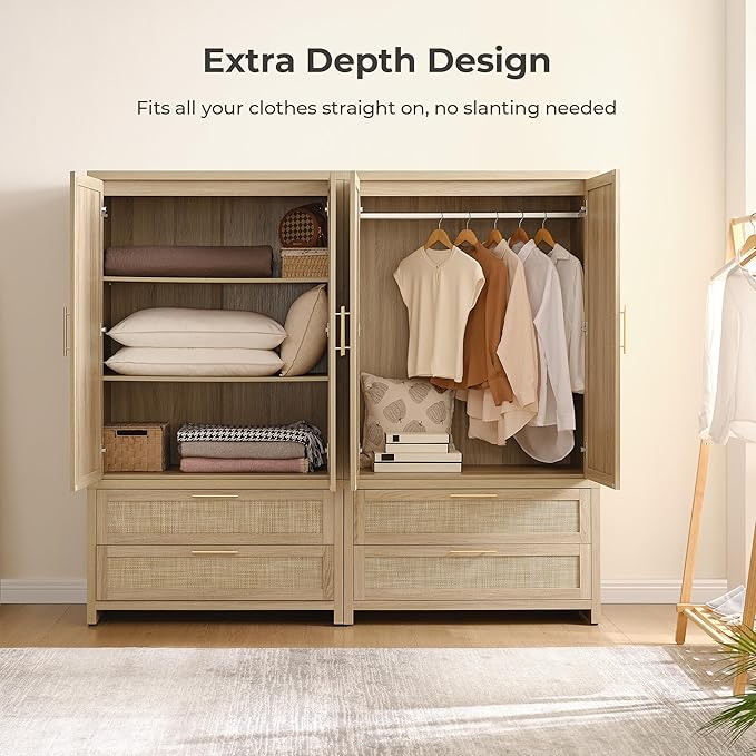 SICOTAS Armoire Wardrobe Closet, Larger Rattan Armoires Wardrobe Cabinet - Image 7