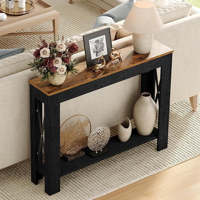 YATINEY Farmhouse Console Table, 39.4'' Small Narrow Entryway Table, Wood Couch - Image 2
