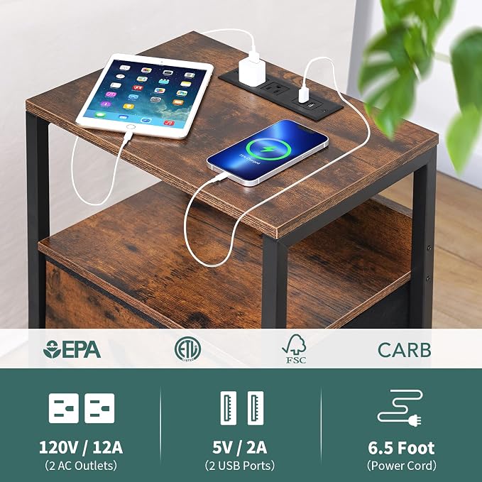 Yoobure Nightstand with Charging Station, LED Night Stand with Fabric Drawers - Image 6