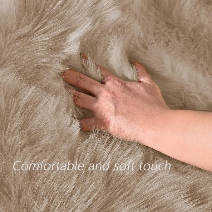 Latepis Round Rug 6.7ft Light Brown Beige Faux Fur Circle Rugs Washable Shag - Image 4