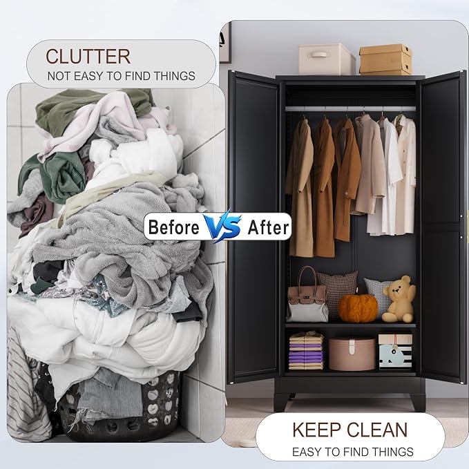 71" Metal Armoire Wardrobe Closet, Steel Clothing Storage Cabinet - Image 8